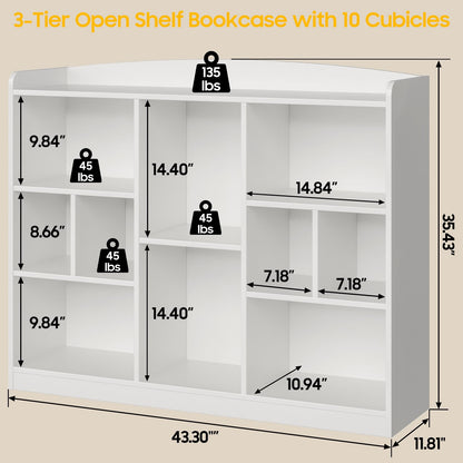 Vabches Kids Cube Bookshelf & Toy Storage Organizer, 3 Tier 10 Storage Cubes with Adjustable Shelf, White Wood Horizontal Cube Bookcase, Book Toy Display Cube Shelf for Kids Room Bedroom Nursery