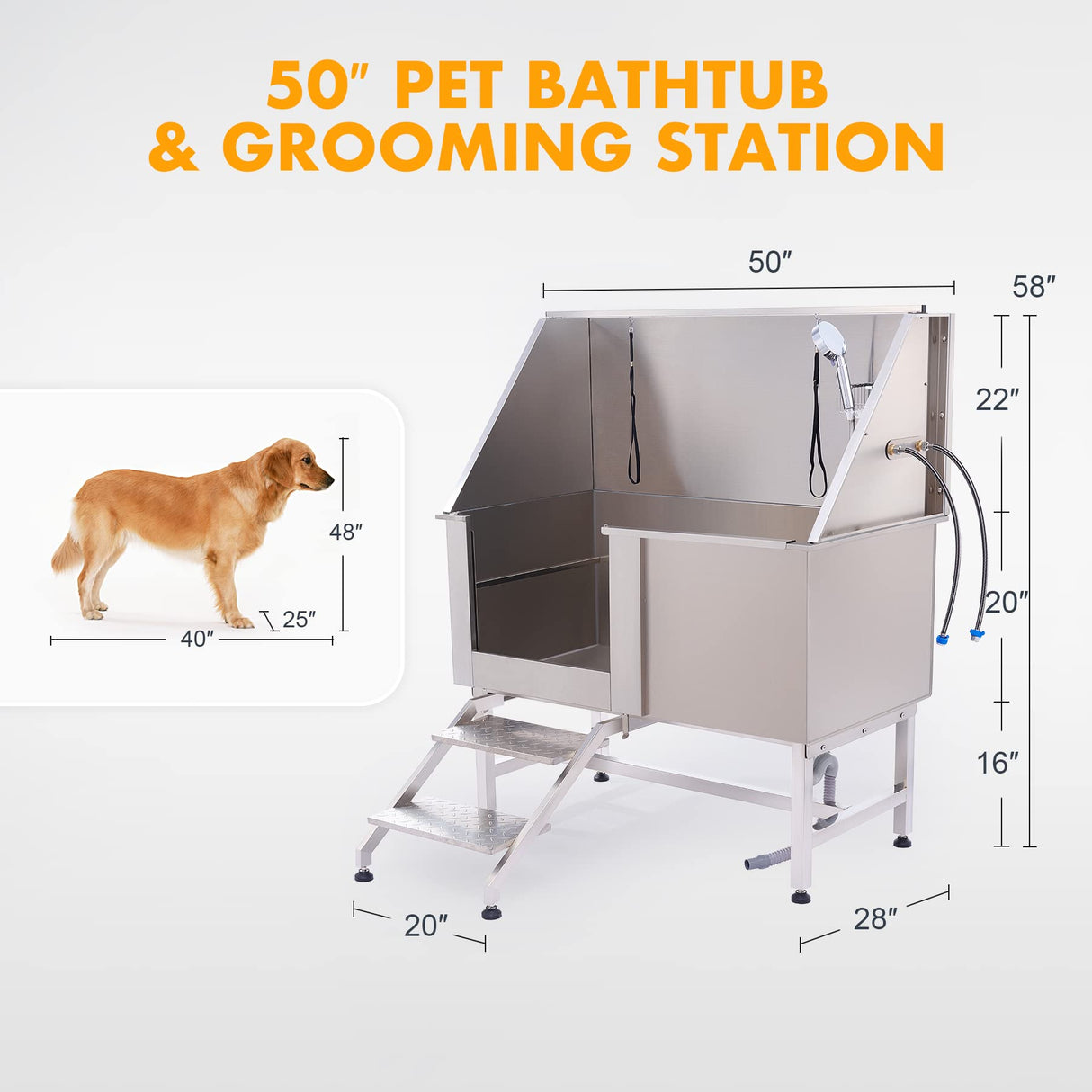 CO-Z 50” Dog Bathing Station for Large Dogs, Professional Dog Grooming Tub Pet Dog Washing Station for Home, Large Dog Bathtub with 304 Stainless Steel Tank, Removable Floor Grate, Steps, Faucet CO-Z
