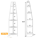 Furnulem 5 Tier Corner Shelf with LED Light, 67.2” Tall Standing Shelf for Wall Corner, Narrow Bookshelf Ladder Shelf for Bedroom, Living Room, Plant, Wood Storage Rack, Metal Frame (White) Furnulem