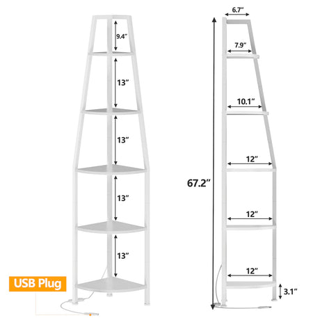 Furnulem 5 Tier Corner Shelf with LED Light, 67.2” Tall Standing Shelf for Wall Corner, Narrow Bookshelf Ladder Shelf for Bedroom, Living Room, Plant, Wood Storage Rack, Metal Frame (White) Furnulem