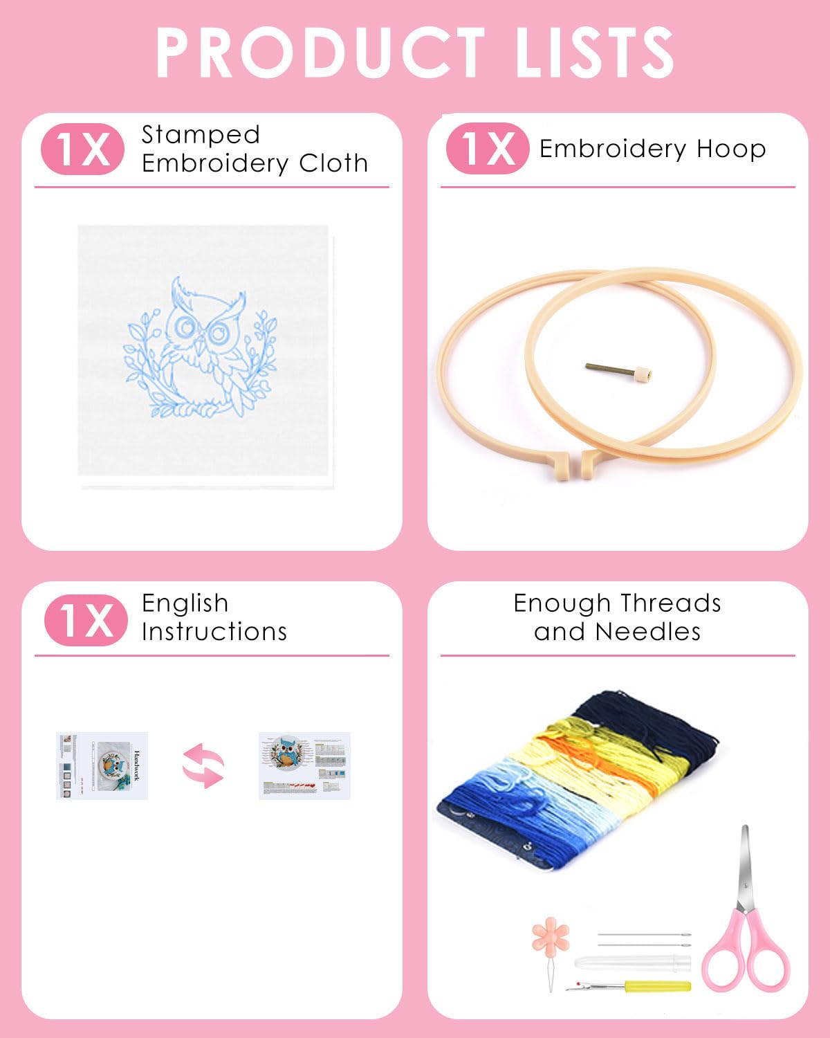 TINDTOP Embroidery Kit for Beginners Adult, Owl Embroidery Kit for Beginners Include Embroidery Cloth Hoops Threads for Craft Lover Hand Stitch with Embroidery Skill Techniques TINDTOP
