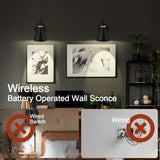 Battery Operated Black Faux-Wood Industrial Wall Sconce Set of Two, Easy to Install Not Wires, Remote Control Dimmable LED Light Bulb, Dimmable Wall Lamp Fixtures for Indoor Bedroom Farmhouse Gallery BIMEAN