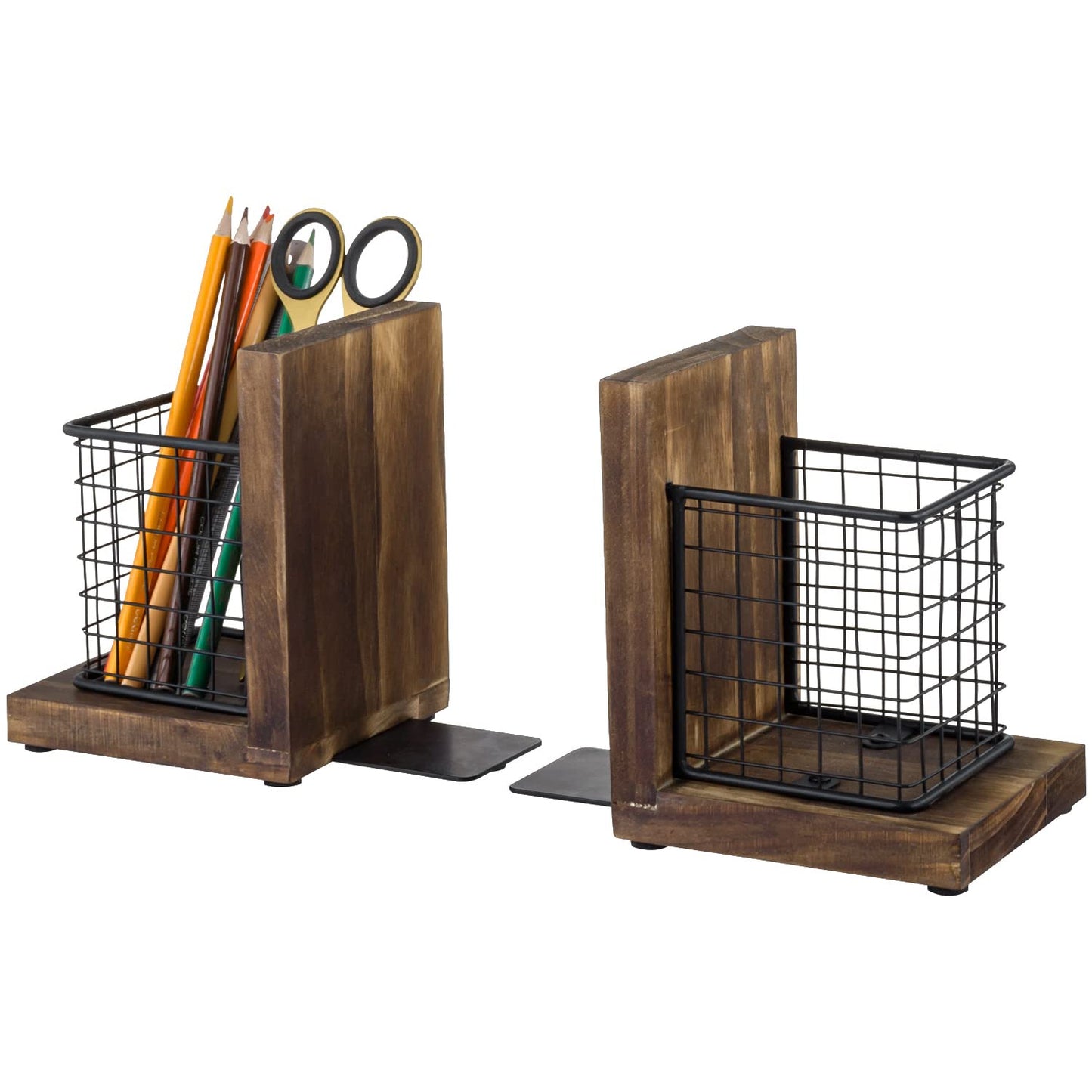 MyGift Rustic Burnt Wood Decorative Bookends for Heavy Books with Matte Black Metal Wire Basket Pencil Cup and Office Supplies Storage Baskets, 1-Pair