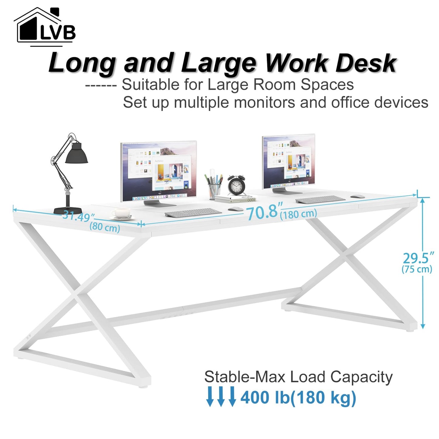 LVB 70.8" Long Desk, Modern Large White Computer Desk for Home Office Work, Wood Metal Computer Table for Writing Study in Bedroom, Simple Gaming Desk for 2 Monitor Workstation, White Oak, 70 - WoodArtSupply