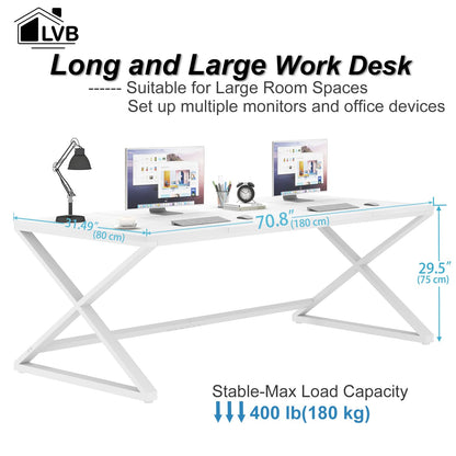 LVB 70.8" Long Desk, Modern Large White Computer Desk for Home Office Work, Wood Metal Computer Table for Writing Study in Bedroom, Simple Gaming Desk for 2 Monitor Workstation, White Oak, 70 - WoodArtSupply