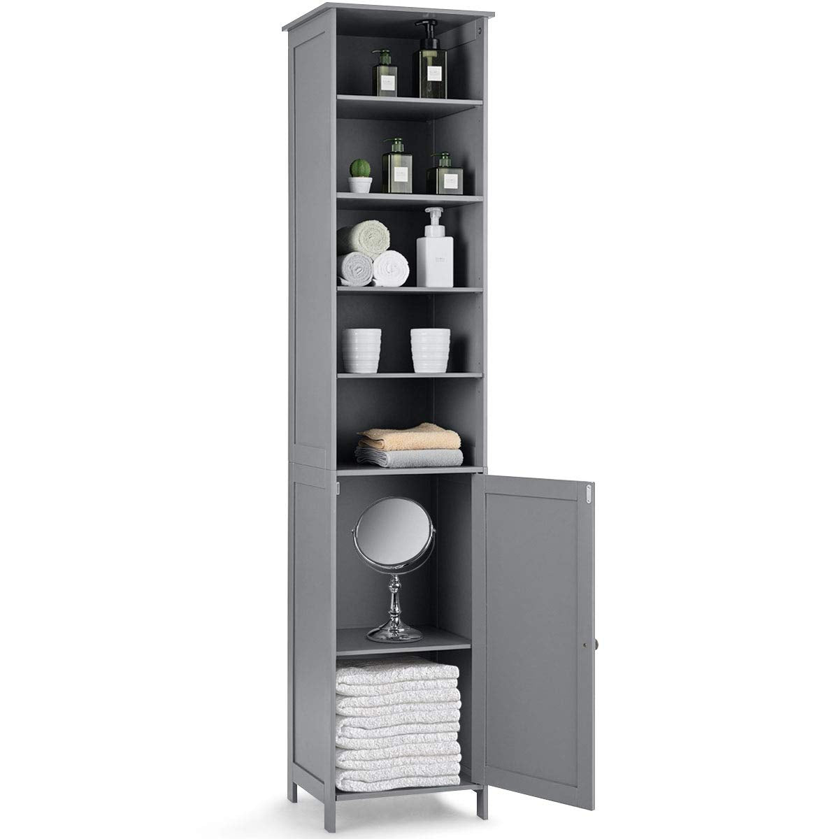 Tangkula Slim Tall Bathroom Storage Tower, 72" H with Adjustable Shelves & Cupboard, Space Saving Narrow Cabinet for Bathroom (Gray) Tangkula