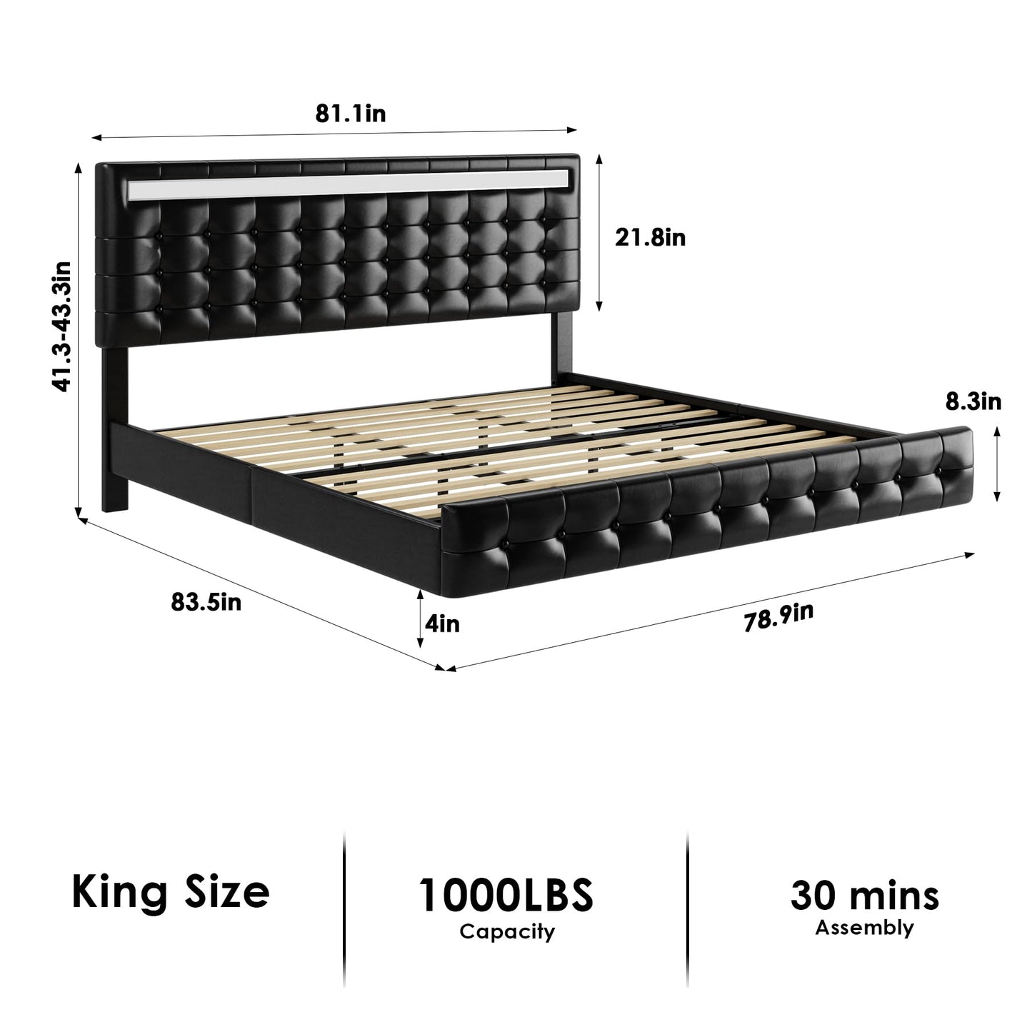 Keyluv Modern King Bed Frame with LED Lights and Upholstered Leather Headboard - WoodArtSupply