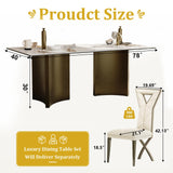 Anewsun 9 Piece Dining Table Set, Brushed Bronze Dining Room Table Set with 78 inch White Stone Table and 8 White Chenille Dining Chairs Anewsun