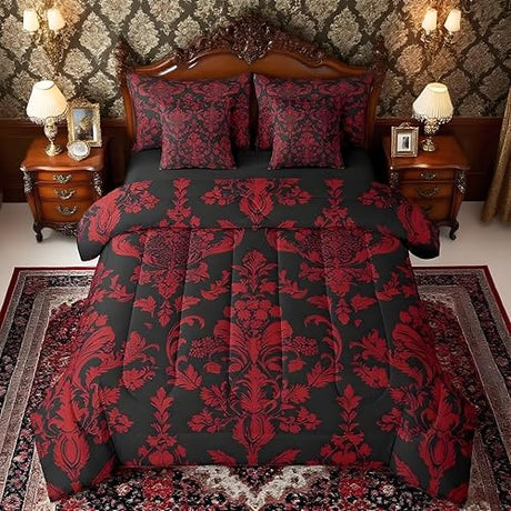 Feelyou Red Black Vintage Damask Floral Comforter Set with Sheets Oriental Antique 7 Piece Bedding Set Full Size for Kids Boys Girls Gothic Bohemia Floral Bed in a Bag Luxury Flower Bed Set Feelyou