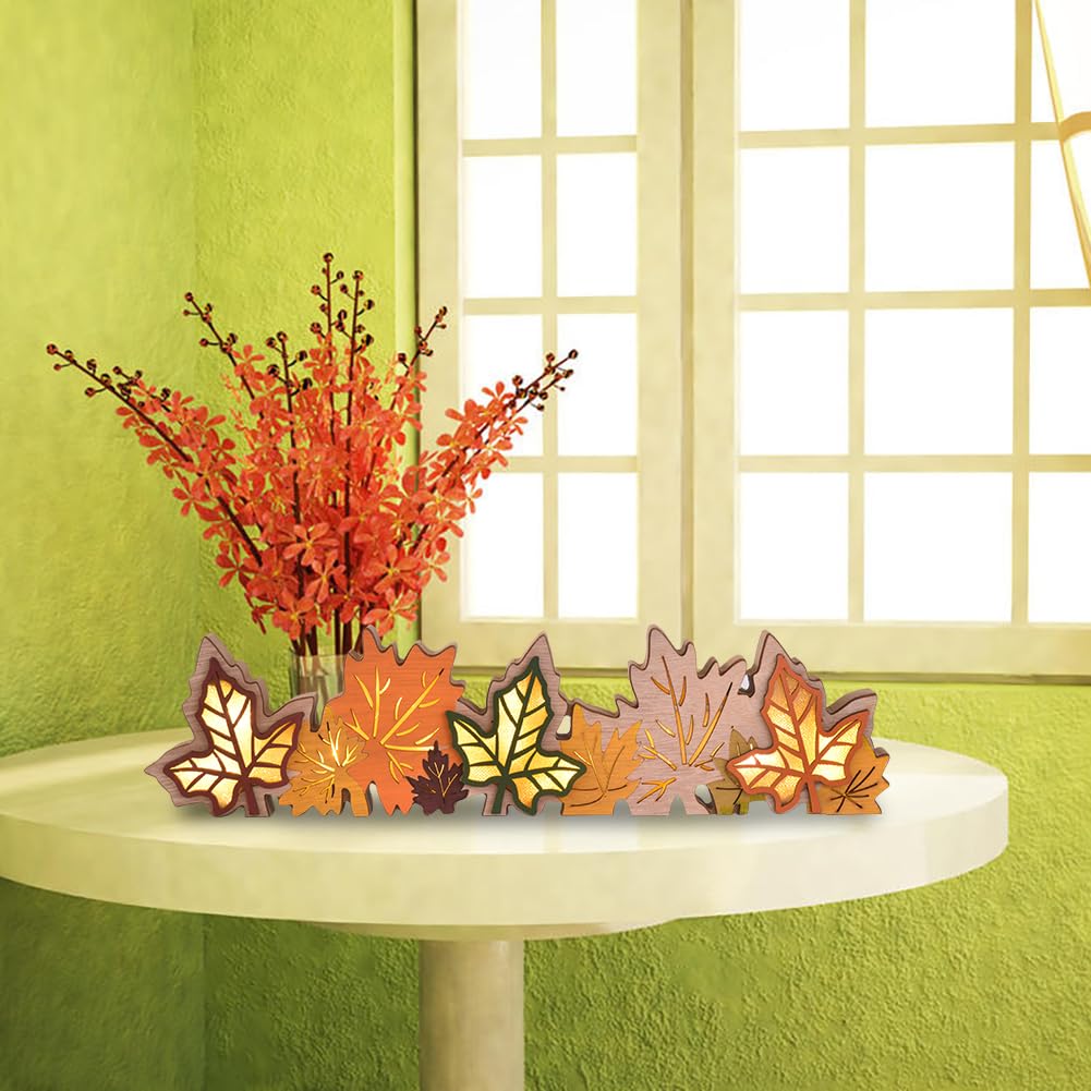 GHOSTMAGIC Lighted Fall Maple Leaves Signs Table Centerpieces Thanksgiving Wooden Block Sign Decorations 3D Wood Autumn Harvest Farmhouse Decor with Led Lights for Home Desk Office Party (Fall Leaves) GHOSTMAGIC