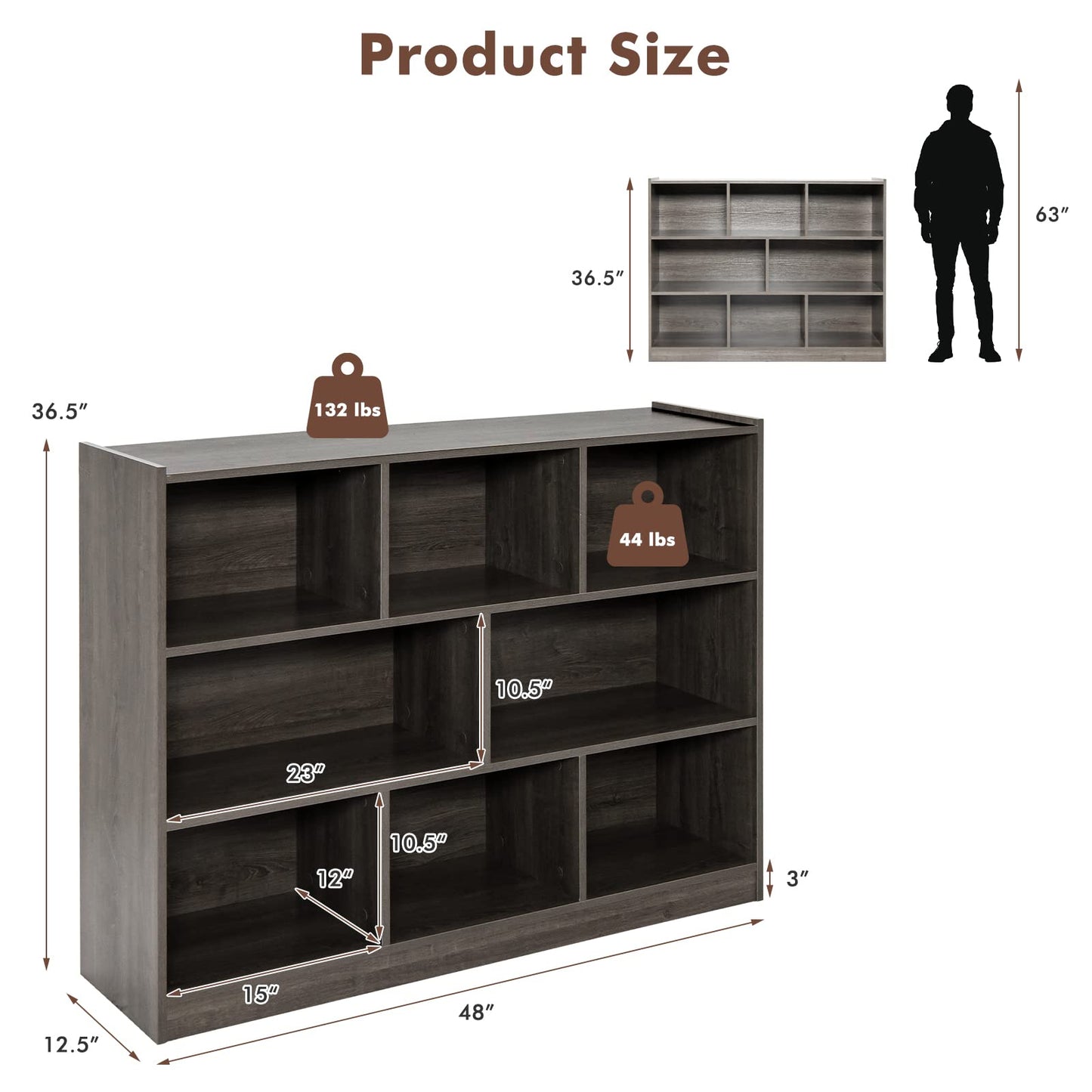 SILKYDRY 3-Tier Open Bookcase with 8 Cubes - Versatile Wooden Storage Cabinet in Grey - WoodArtSupply