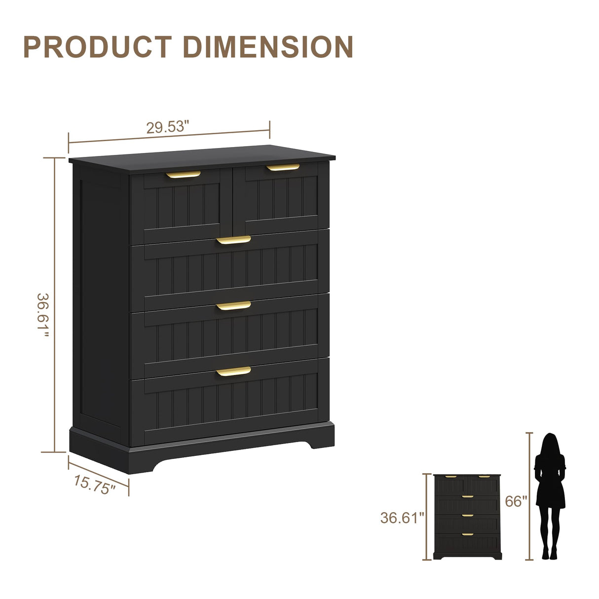 ELUREVIA 5 Wooden Drawer Dresser for Bedroom Storage, Modern Farmhouse Wood Chest of Drawers with Metal Handles, Wide Storage Cabinet for Closet, Living Room, or Entryway Black ELUREVIA