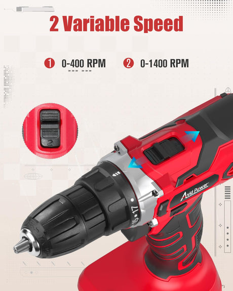 AVID POWER 20V MAX Power Drill Kit, Cordless Drill Set with Battery and Charger, 2 Variable Speed, 3/8-Inch Keyless Chuck, 19 Position and 22pcs Bits AVID POWER