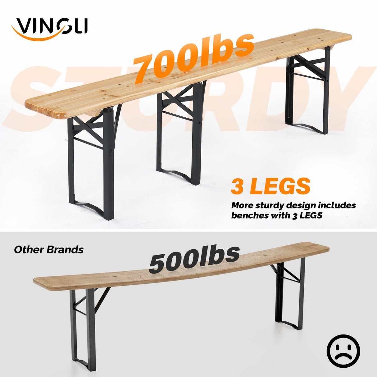 VINGLI Folding Picnic Tables with Benches Set, Weather-Resistant Wooden Beer Garden Table Bench, 3-Piece Portable Fold Up Camping BBQ Table w/Carrying Handles VINGLI