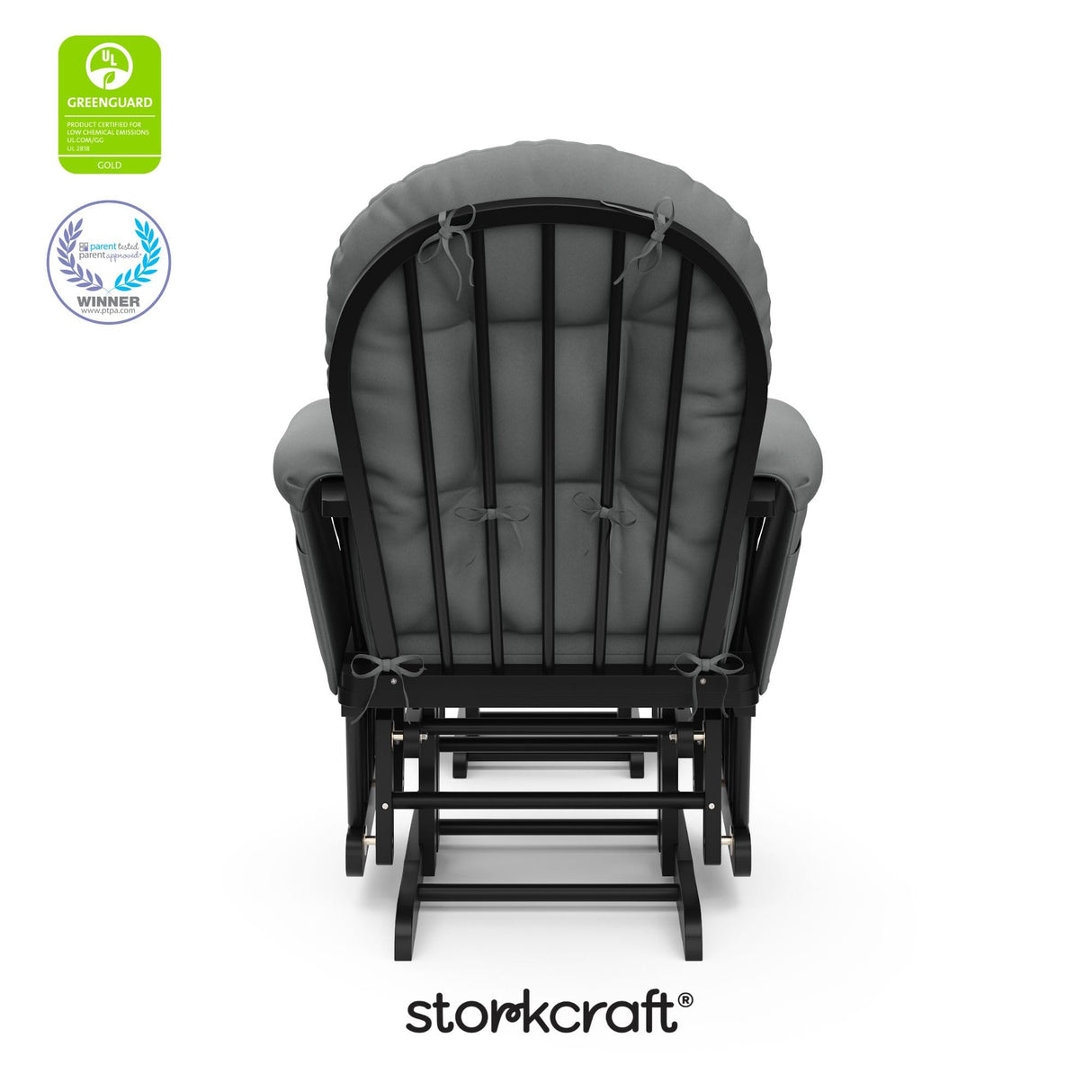 Storkcraft Premium Hoop Glider & Ottoman (Black with Light Gray) — GREENGUARD Gold Certified, Wood Craftsmanship, Convenient Storage Pockets, Smooth-Gliding Chair for Nursery, Multi-Award-Winning Storkcraft