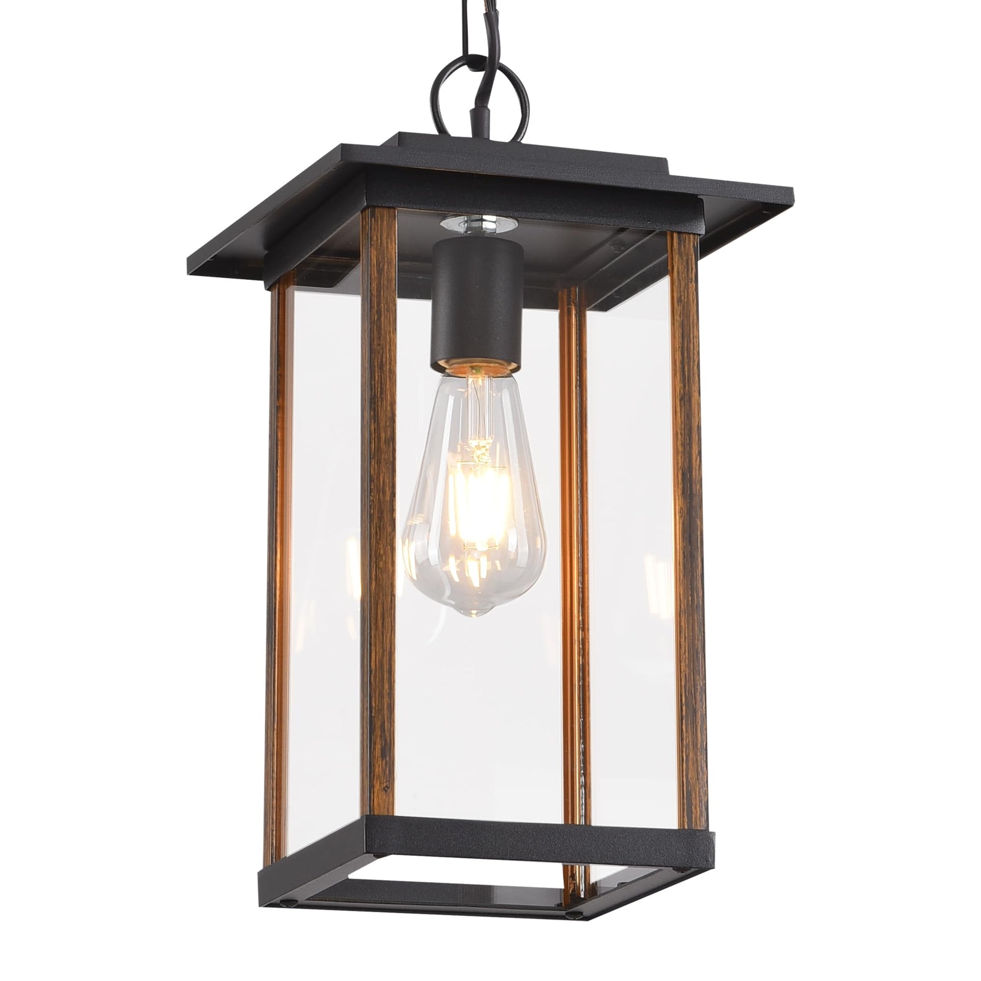 Smeike Large Outdoor Pendant Light, 14.6”H Black Exterior Hanging Lantern Wood Finish, Height Adjustable Outside Chandelier with Clear Glass for Porch, Farmhouse, House - WoodArtSupply