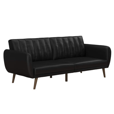 Novogratz Brittany 82 Inch Futon Sofa Bed in Faux Leather, Upholstered Couch Sleeper with Tufted Back, Mid-Century Modern, Black