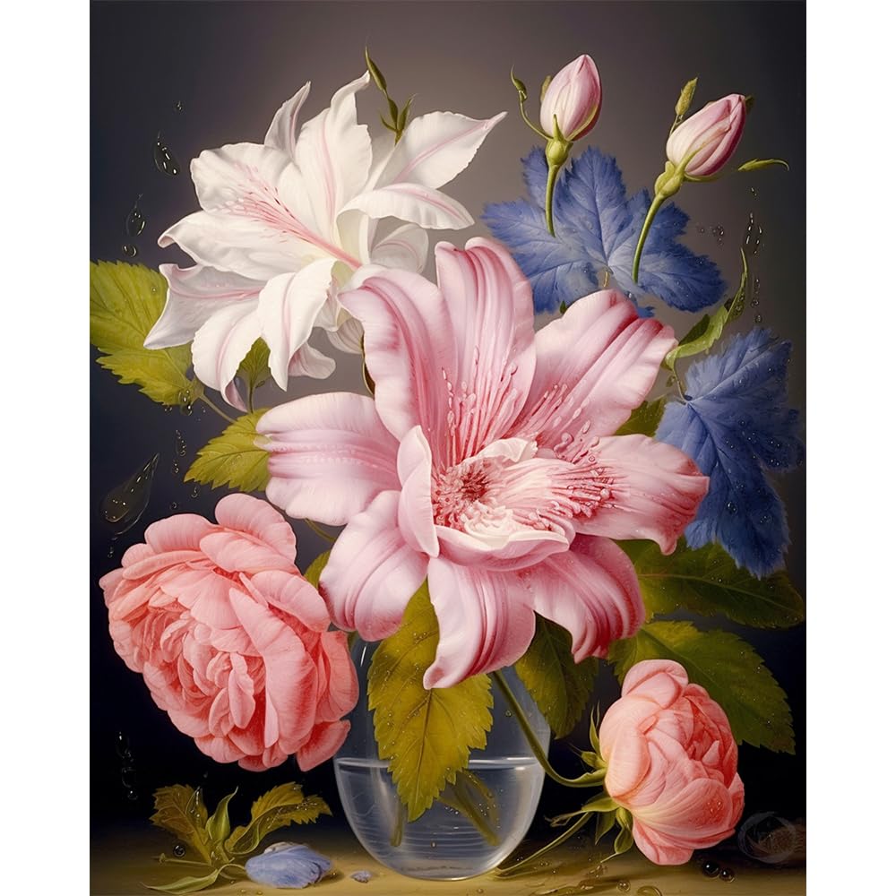 changjiawujin Lily Flower Paint by Number Rose Flowers,Still Life Vase Paint by Numbers Kit for Adults,Easy DIY Oil Painting by Numbers Art Craft Set 16x20 inch changjiawujin