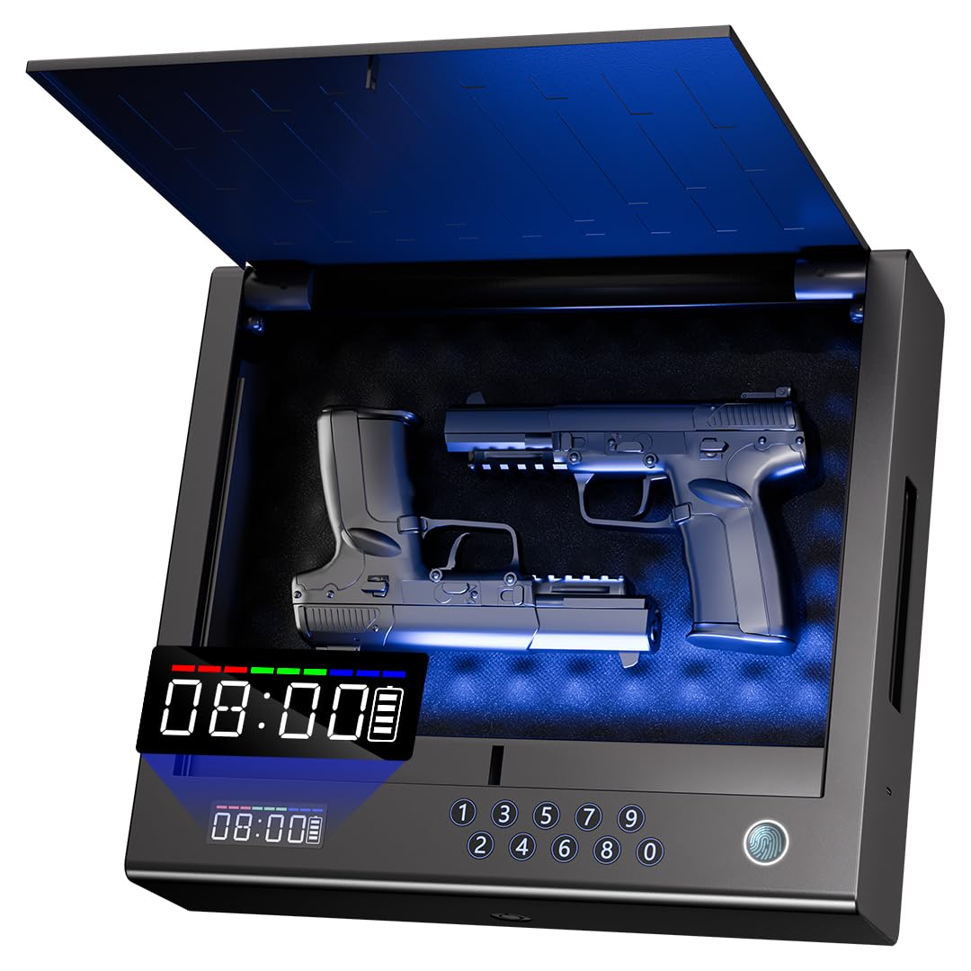 KESONS Gun Safe,Biometric Gun Safe for Pistols,Fingerprint ≤0.1s Quick Access Handgun Safe Pistol Safe with LCD Display for Time Battery/Full-digital Keypad,Safe for Nightstand,car (Frosted Black) KESONS