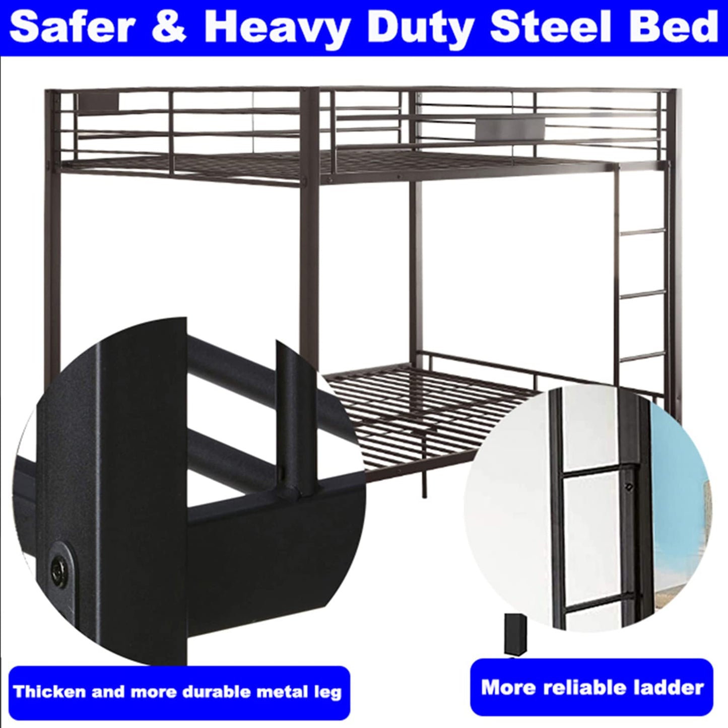 SIMPLEZC Upgraded Version Thicken Heavy Duty Metal Queen Over Queen Bunk Bed, Stronger Steel Bunk Beds Queen Over Queen Size Industrial Style with Ladder and Guard Rail for Adults (Queen Over Queen)