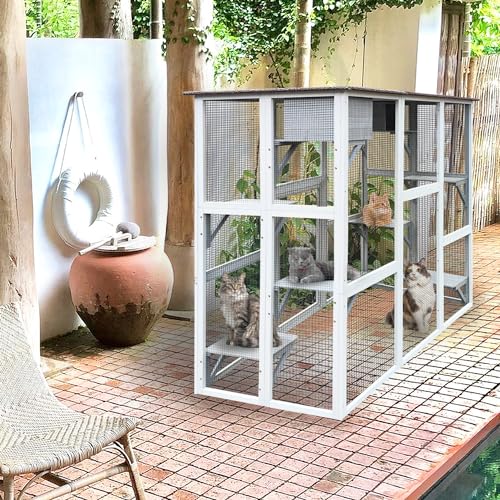 KOZYSFLER Large Wooden Outdoor Cat Enclosure, 71" Catio with Weatherproof Asphalt Roof, Solid Wood Cat Cage Playpen Featuring 8 Jumping Platforms & 2 Napping Houses