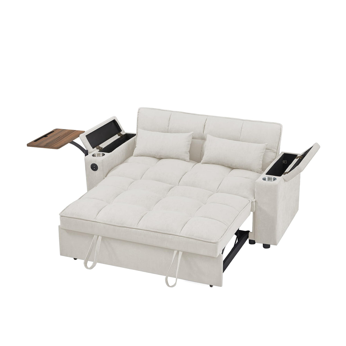 hansones 65'' 3-in-1 Convertible Sleeper Queen Sofa Modern Chenille Fabric Sofa Pullout Sofa 360 Degree Swivel Side Table, Easy to Assemble, for Living Room (White) hansones