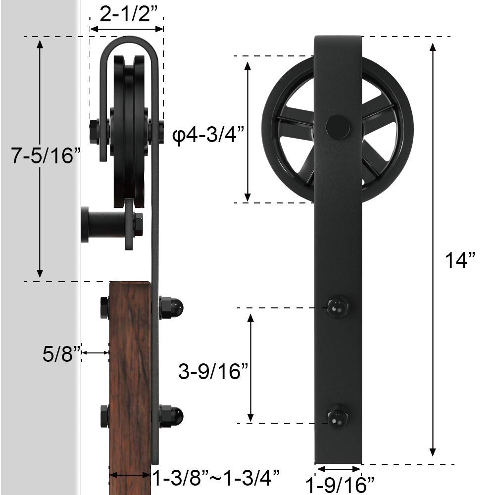 WINSOON 5-16FT Single Wood Sliding Barn Door Hardware Kit 5FT Basic Black Big Spoke Wheel Roller Garage Closet Carbon Steel Flat Track System (5FT) - WoodArtSupply