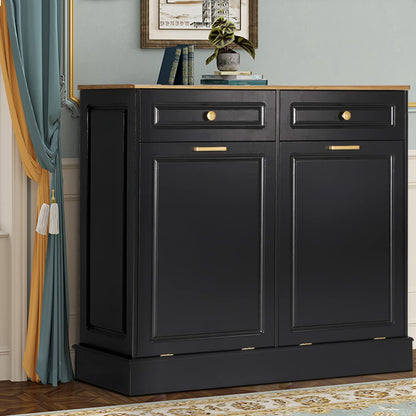 Anbuy Dual Tilt Out Cabinet with Two Wood Hideaway Trash Drawers, Free Standing Recycling Double Can Holder for Kitchen(Black) - WoodArtSupply