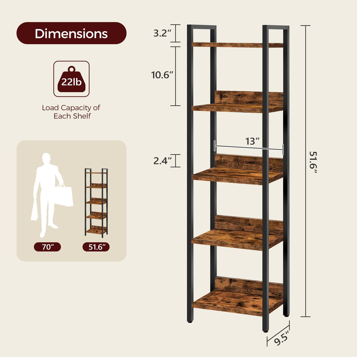 MAHANCRIS Bookshelf, 5-Tier Bookcase, Standing Book Shelf for Small Space, Storage Shelf Organizer, for Living Room, Bedroom, Study, Balcony, Rustic Brown and Black BKHR5501 MAHANCRIS
