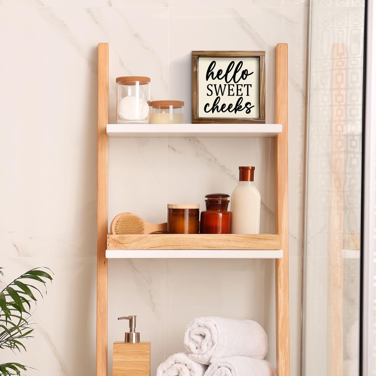 Kas Home Rustic Farmhouse Bathroom Decor - Cute 'Hello Sweet Cheeks' Wooden Sign, Funny Wall Hanging Plaque for Restroom, Toilet Shelves Accessory, Ideal for Apartment & Home Kas Home