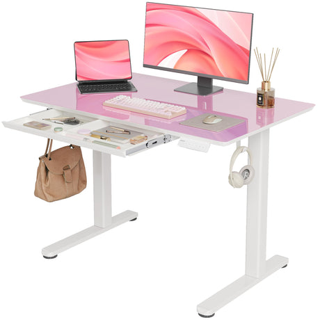 INNOVAR Glass Standing Desk with Drawers, Adjustable Height Electric Stand Up Desk, Small Standing Desk with Storage, 40 inch, Morandi Powder INNOVAR