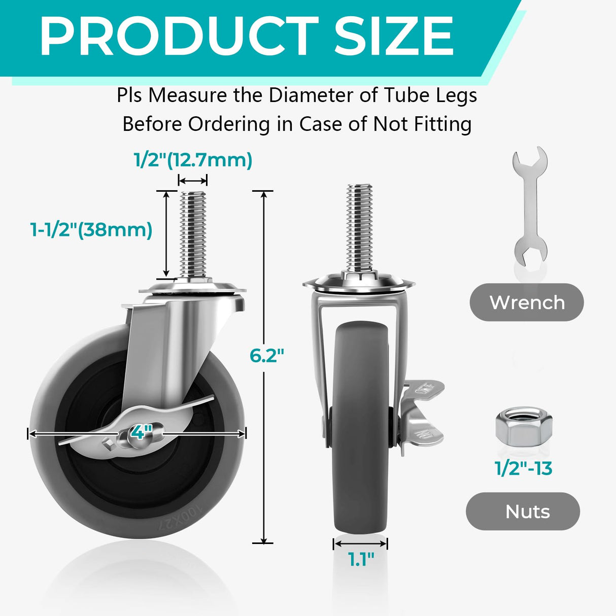 Besitu 4 Inch Caster Wheels, 1/2"-13 Inch Course Threaded Stem Caster Set of 4 with Side Brake, Heavy Duty TPR Swivel Caster Wheels for Dolly Cart, Wire Shelving Industrial Screw in Casters Besitu