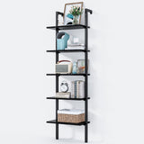 ODK 5-Tier Ladder Bookcase, Industrial Storage Shelf with Metal Frame for Living Room, Home Office, Kitchen & Bedroom, Space Saving Freestanding Organizer Rack, Black (8" D x 16" W x 74" H) ODK