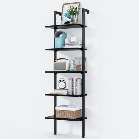 ODK 5-Tier Ladder Bookcase, Industrial Storage Shelf with Metal Frame for Living Room, Home Office, Kitchen & Bedroom, Space Saving Freestanding Organizer Rack, Black (8" D x 16" W x 74" H) ODK