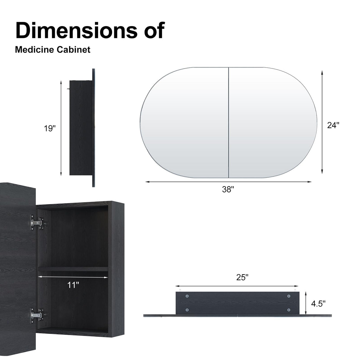 Mepplzian Oval Medicine Cabinet with Mirror for Bathroom,Bathroom Medicine Cabinet,Oval Mirror Cabinet Wall Mounted with 3 Storage,2 Doors,Black Mepplzian