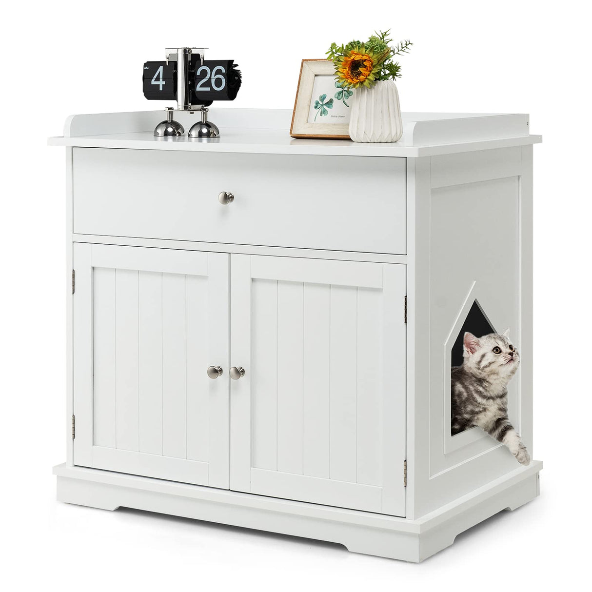 Tangkula Litter Box Enclosure, Cat Litter Box Furniture Hidden with Large Drawer, 2 Doors, Indoor Cat Washroom Storage Bench Side Table Cat House, Large Wooden Enclosed Litter Box Cabinet (White) Tangkula