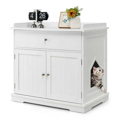Tangkula Litter Box Enclosure, Cat Litter Box Furniture Hidden with Large Drawer, 2 Doors, Indoor Cat Washroom Storage Bench Side Table Cat House, Large Wooden Enclosed Litter Box Cabinet (White) Tangkula