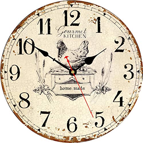Toudorp Rustic Wall Clock French Country Vintage 14 Inch Wall Clock Battery Operated Silent Non-Ticking Wooden Wall Clock Retro Arabic Numerals Animal Style Wall Clock (Gourmet Kitchen) Toudorp