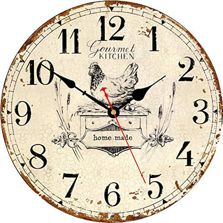 Toudorp Rustic Wall Clock French Country Vintage 14 Inch Wall Clock Battery Operated Silent Non-Ticking Wooden Wall Clock Retro Arabic Numerals Animal Style Wall Clock (Gourmet Kitchen) Toudorp