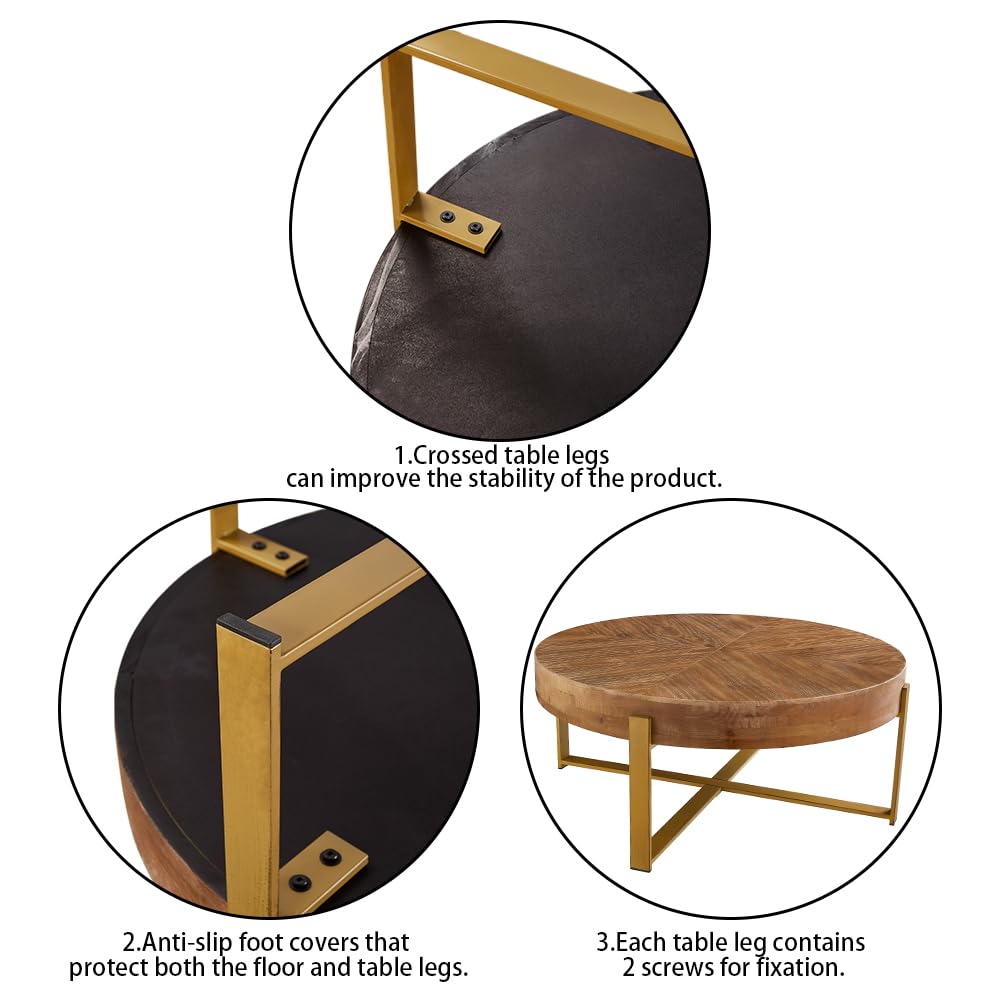 Gexpusm Round Wood Coffee Tables with Metal Leg, Farmhouse Circle Coffee Table for Living Room, Rustic Mid-Century Wooden Coffee Tables for Apartment, Easy Assembly(32" Dx32 Wx18 H) Gexpusm