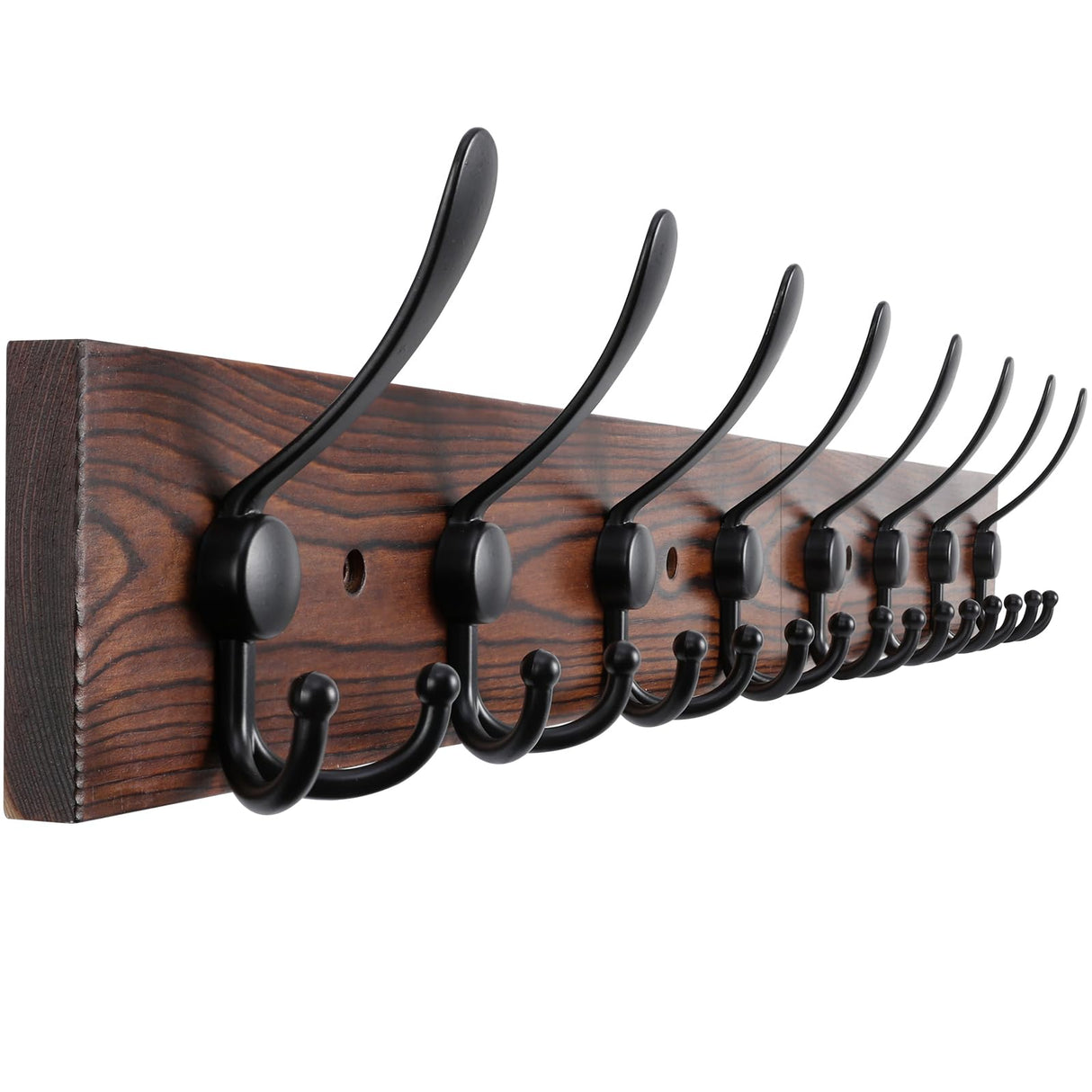 Kuhome 32.2'' Large Coat Rack Wall Mount Coat Hooks Coat Hanger with 8 Metal Black Triple- Hooks Brown Pine Real Wood Plank Hat Rack for Wall Hooks for Hanging Coat Hat Jacket Kuhome