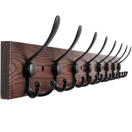 Kuhome 32.2'' Large Coat Rack Wall Mount Coat Hooks Coat Hanger with 8 Metal Black Triple- Hooks Brown Pine Real Wood Plank Hat Rack for Wall Hooks for Hanging Coat Hat Jacket Kuhome