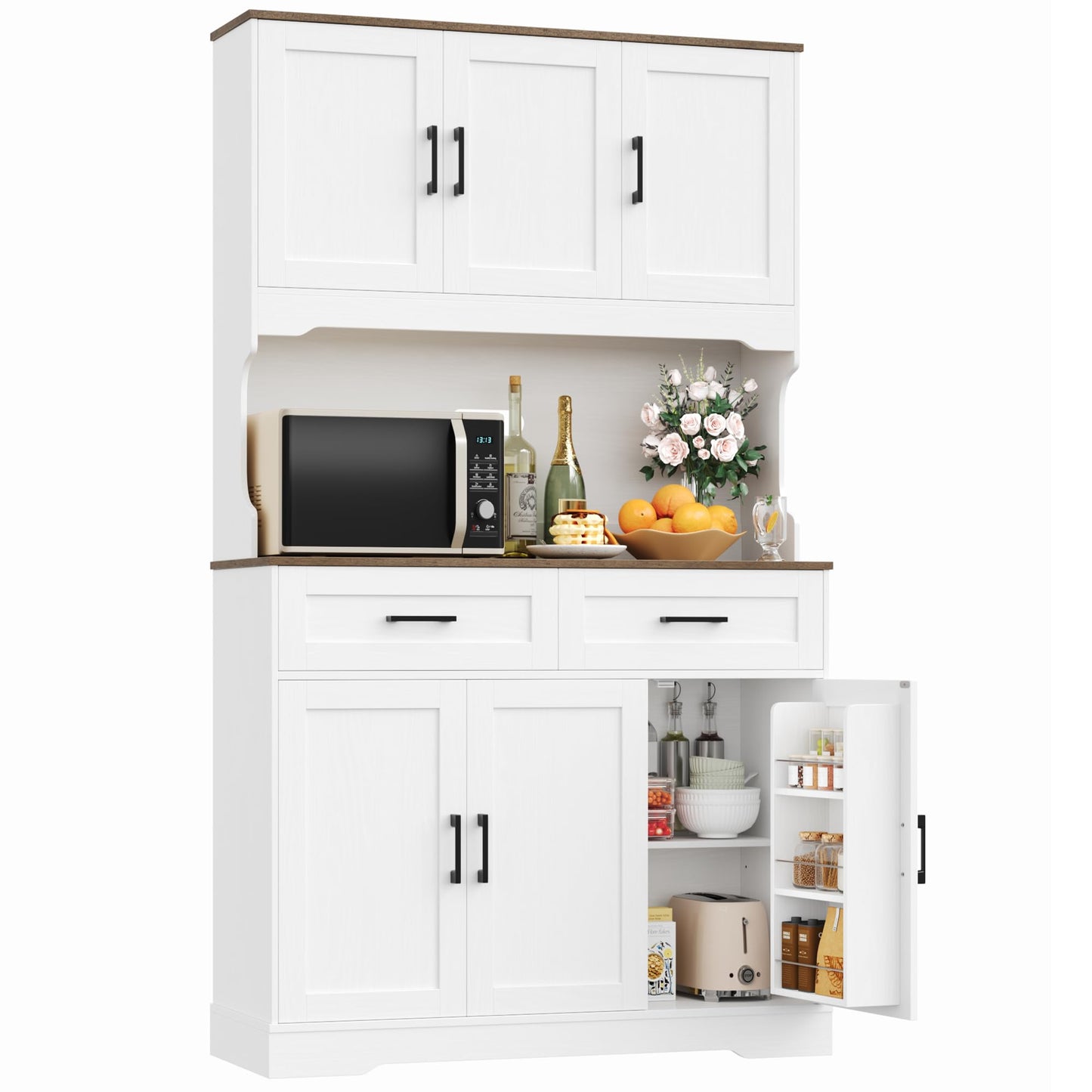 ACBOTALL Tall Kitchen Pantry Cabinet, Kitchen Cabinets with Countertop, Farmhouse Kitchen Pantry Storage Cabinet with Doors and Adjustable Shelves, Kitchen Hutch for Kitchen, White