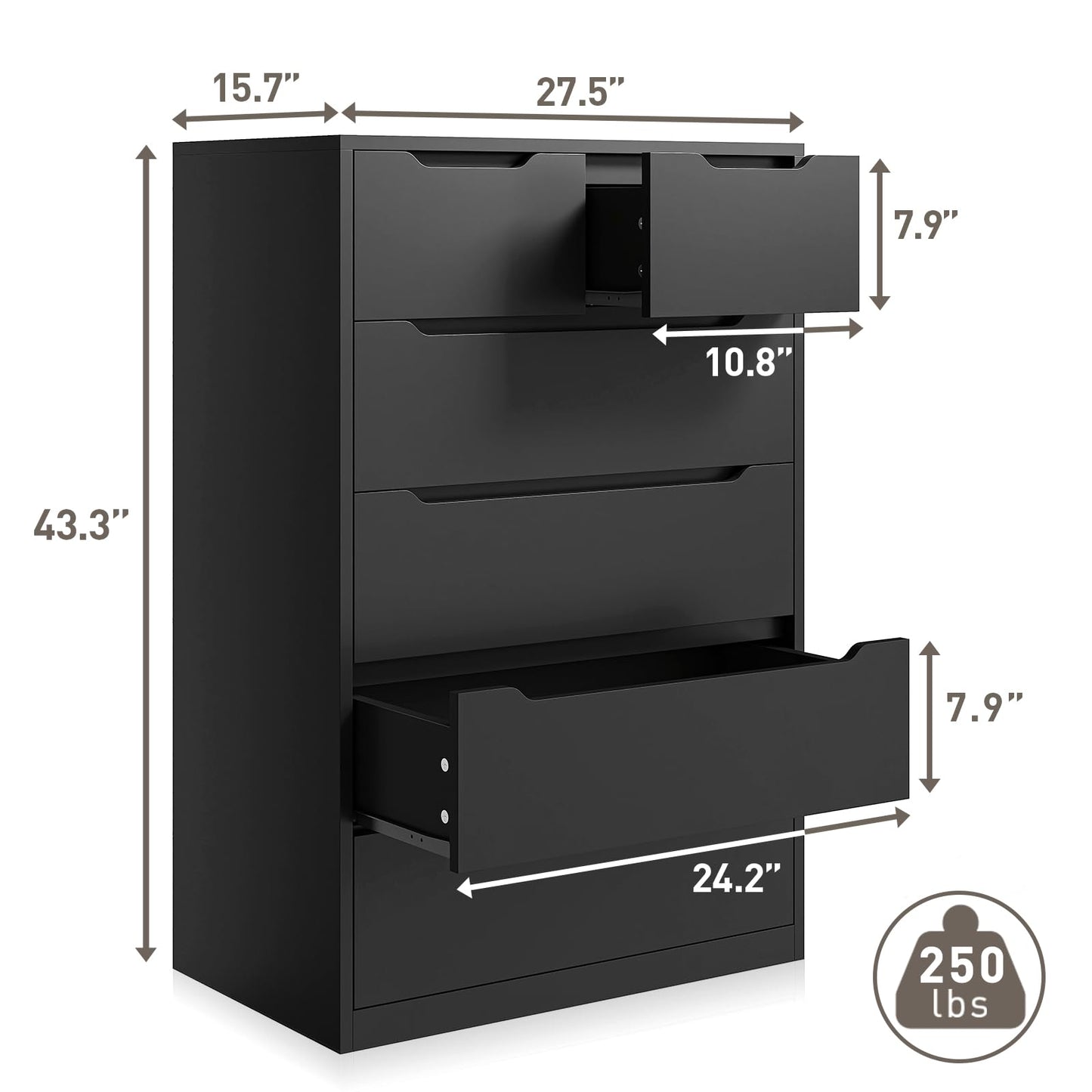 EnHomee Dresser for Bedroom, Dresser with 6 Wood Drawers, Black Dresser and Tall Dresser with Large Organizer, Wood Dressers & Chests of Drawers with Smooth Metal Rail, Black - WoodArtSupply