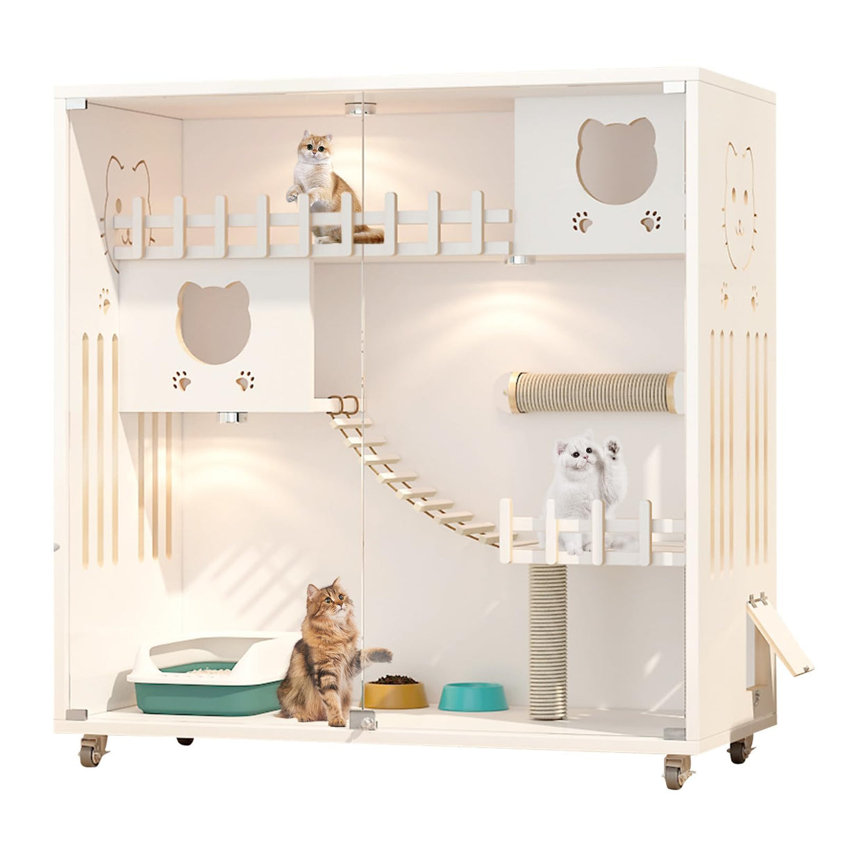 Enclosed Cat Condo, Large Space Cat Cage with Scratching Post, Wooden Indoor/Outdoor Cat Enclosure, Multi-Feature Cat Houses Ventilation Glass Doors, 50" X 48" X 24" (White, 50" X 48" X 24") TMGSK