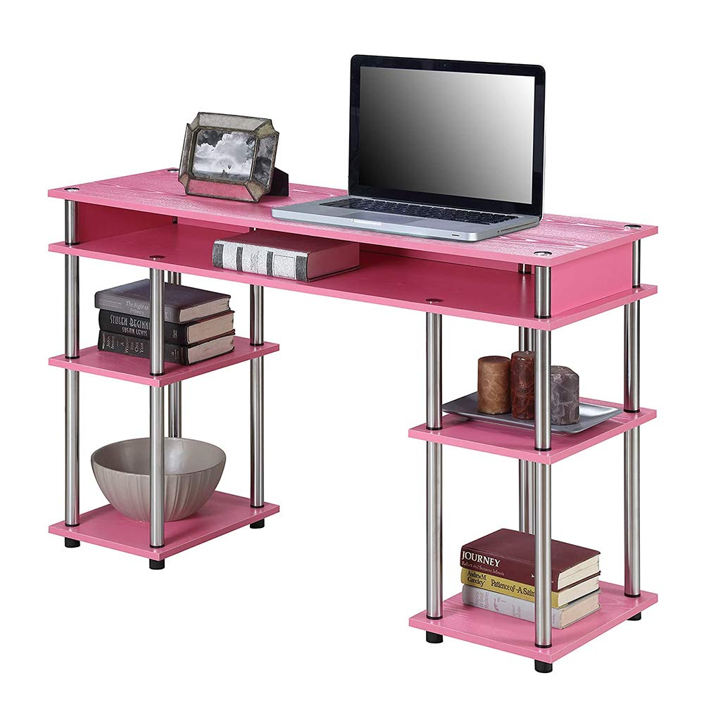 Convenience Concepts Designs2Go No Tools Desk Home Office Desk with Shelves, Corner Shelf Vanity Desk Computer Desk Nail Table for Nail Tech - 47.25" L x 15.75" W x 30" H, Pink Convenience Concepts