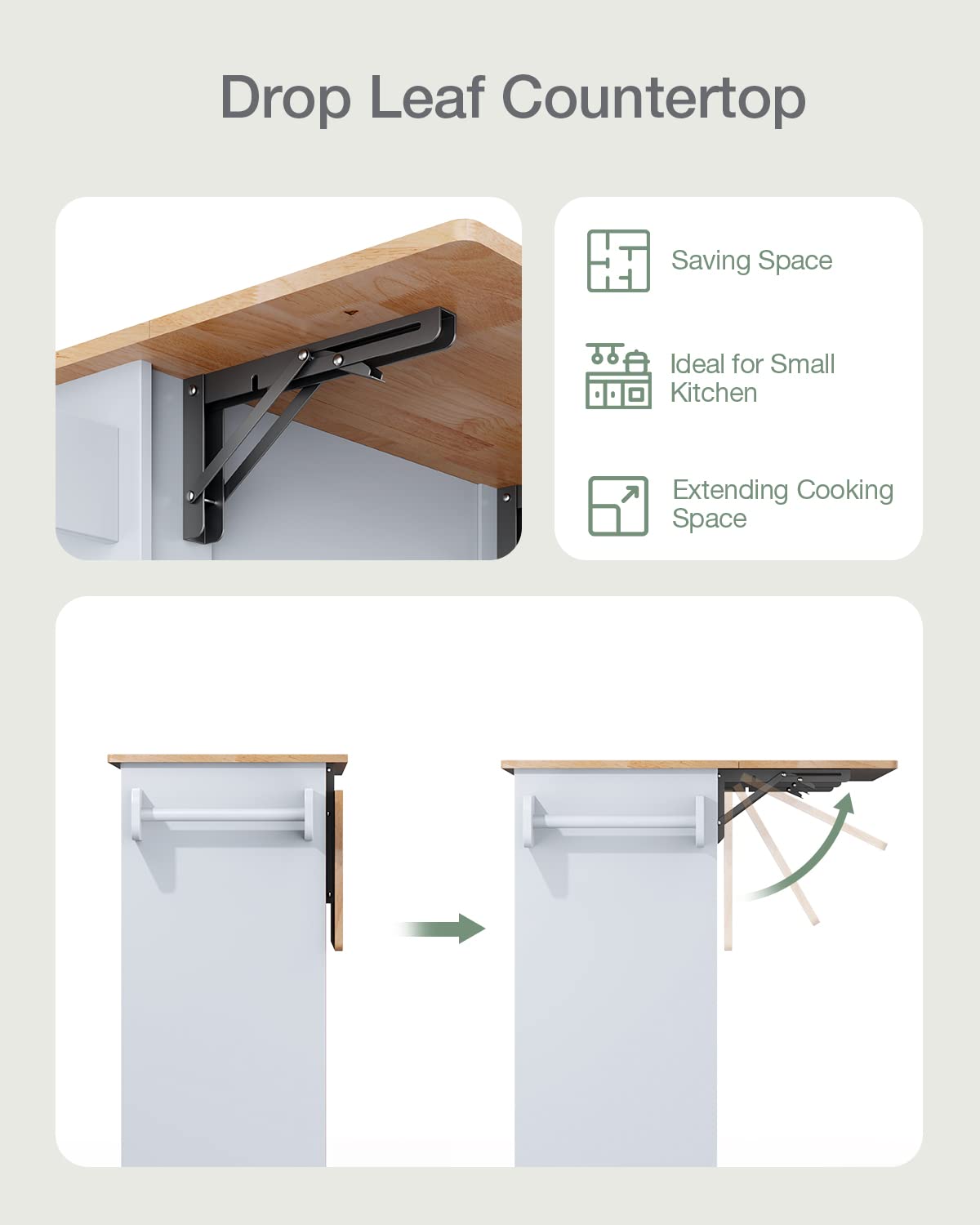 Qsun Kitchen Island on Wheels Kitchen Cart with Rubber Wood Top, Mobile Kitchen Island with Double Storage Cabinet and Drawers, Table (White) Qsun