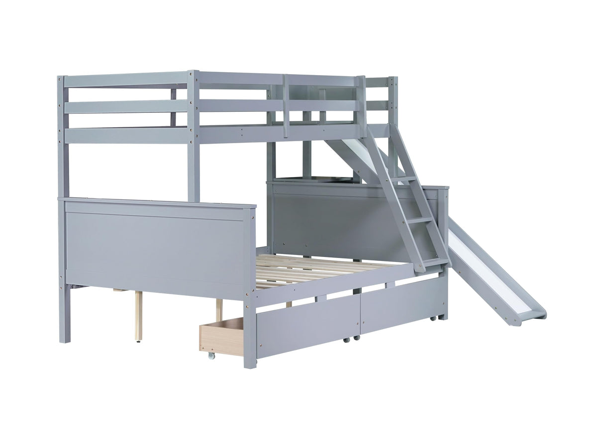 Bellemave Bunk beds Twin Over Full Size Slide and Stair, bunk Bed with Storage, Twin Over Full bunk beds for Kids, Floor bunk Bed, Low bunk Bed for Kids，Grey Bellemave