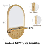 YXDXF Entryway Mirror with Hooks, 30x18 Inch Boho Wall Mirror with Removable Shelf, Oval Solid Wood Framed, Handmade Rattan Wall Mirror for Over Sink, Bathroom, Bedroom, Living Room, Hallway, Vanity YXDXF
