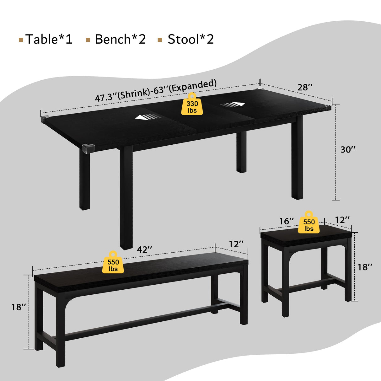 iPormis 5-Piece Dining Table Set for 4-8 People, Extendable Kitchen Table Set with 2 Benches and 2 Square Stools, Mid-Century Dining Room Table with Metal Frame & MDF Board, Saving Space, Black iPormis